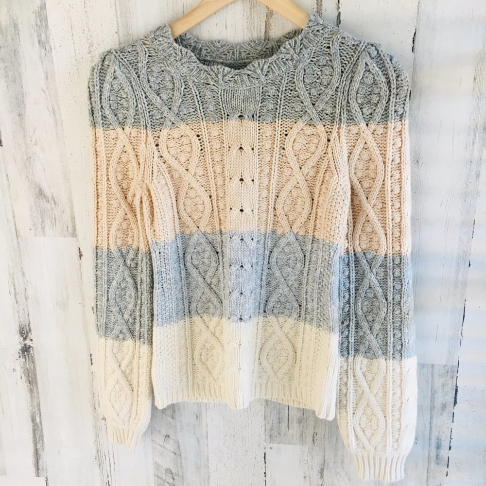 La Vie Rebecca Taylor Cable Knit Sweater Wool Cotton Blend Striped - Picture 4 of 12